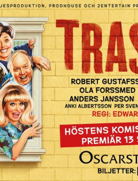 Bild på huvudrollsinnehavarna i komedin Trassel på oscarsteatern